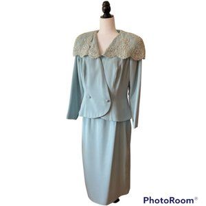 Vintage grannycore sequin sea foam green sage two piece suit dress